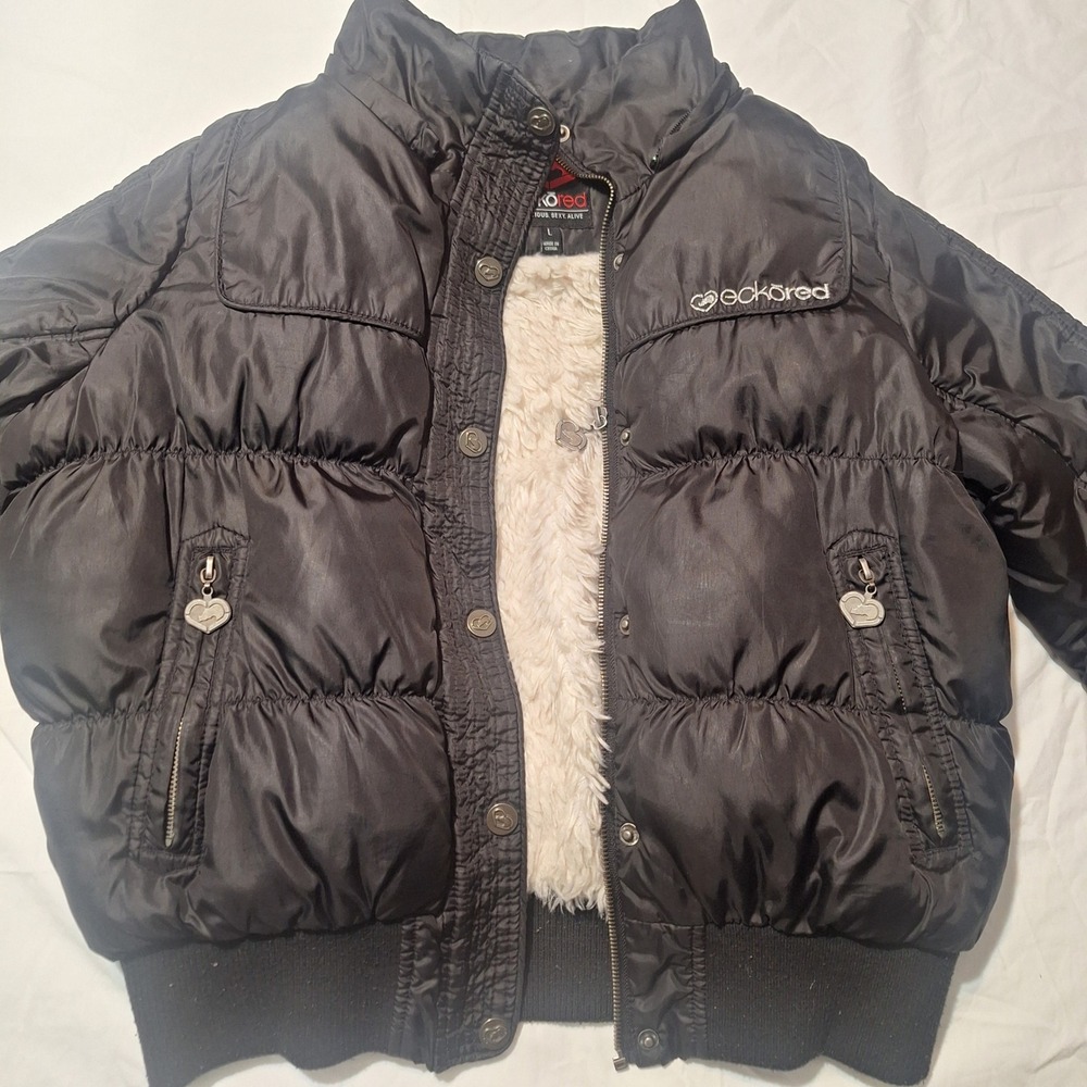 VTG Y2K Ecko Red Cropped Black Puffer Bomber Jacket Sherpa Lined Women's L